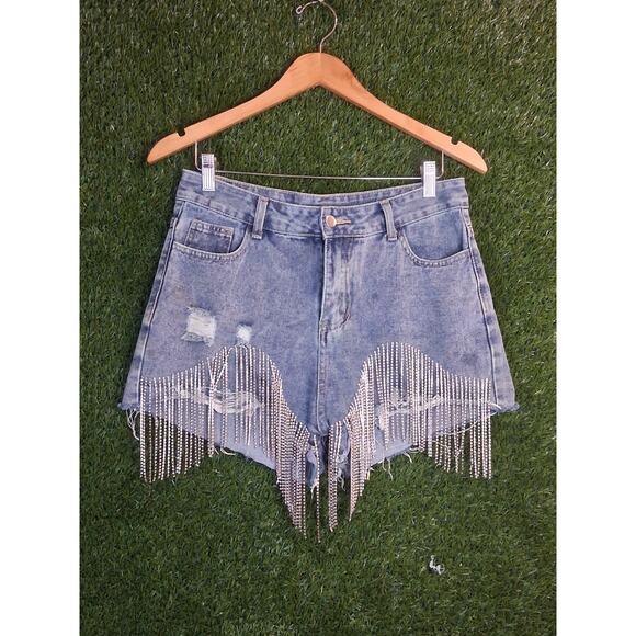 Windsor Pants - Windsor Rhinestone Fringe Denim Shorts High Waist Distressed Festival Bling M